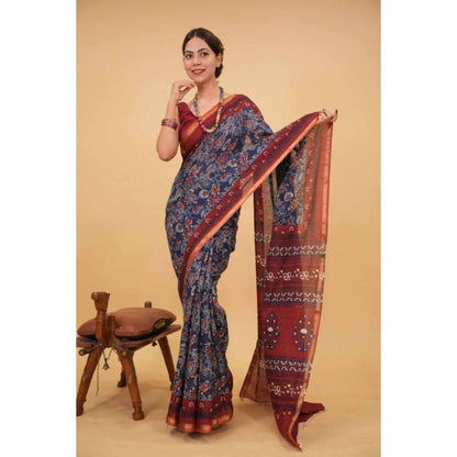 Isadora Life Womens Printed Blue Pre-Draped Saree with Unstitched Blouse