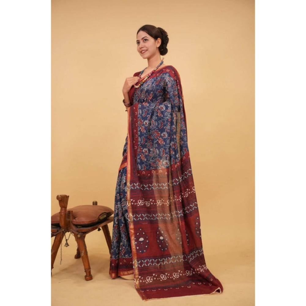 Isadora Life Womens Printed Blue Pre-Draped Saree with Unstitched Blouse
