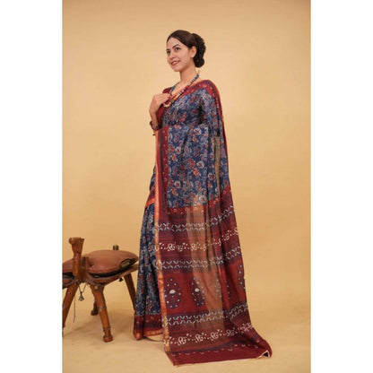Isadora Life Womens Printed Blue Pre-Draped Saree with Unstitched Blouse