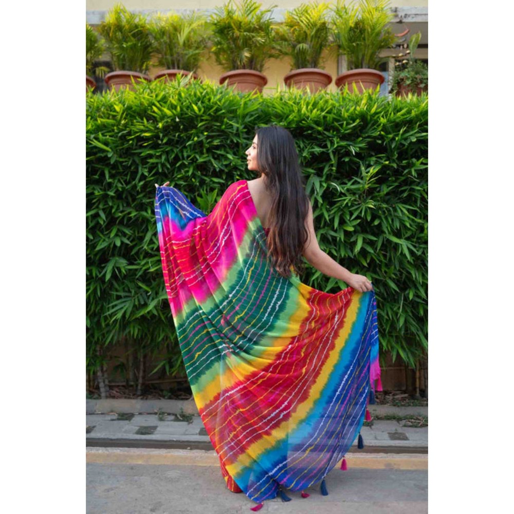 Isadora Life Womens Tie & Dye Tassels Multi-Color Pre-Draped Saree with Unstitched Blouse