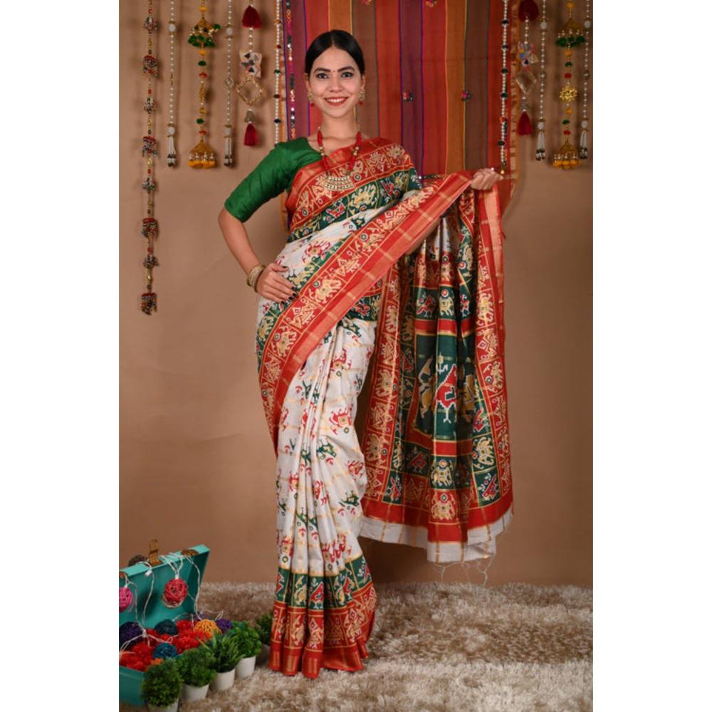 Isadora Life Womens Printed Multi-Color Pre-Draped Saree with Unstitched Blouse