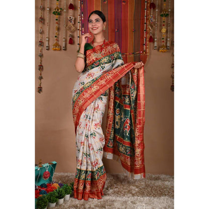 Isadora Life Womens Printed Multi-Color Pre-Draped Saree with Unstitched Blouse