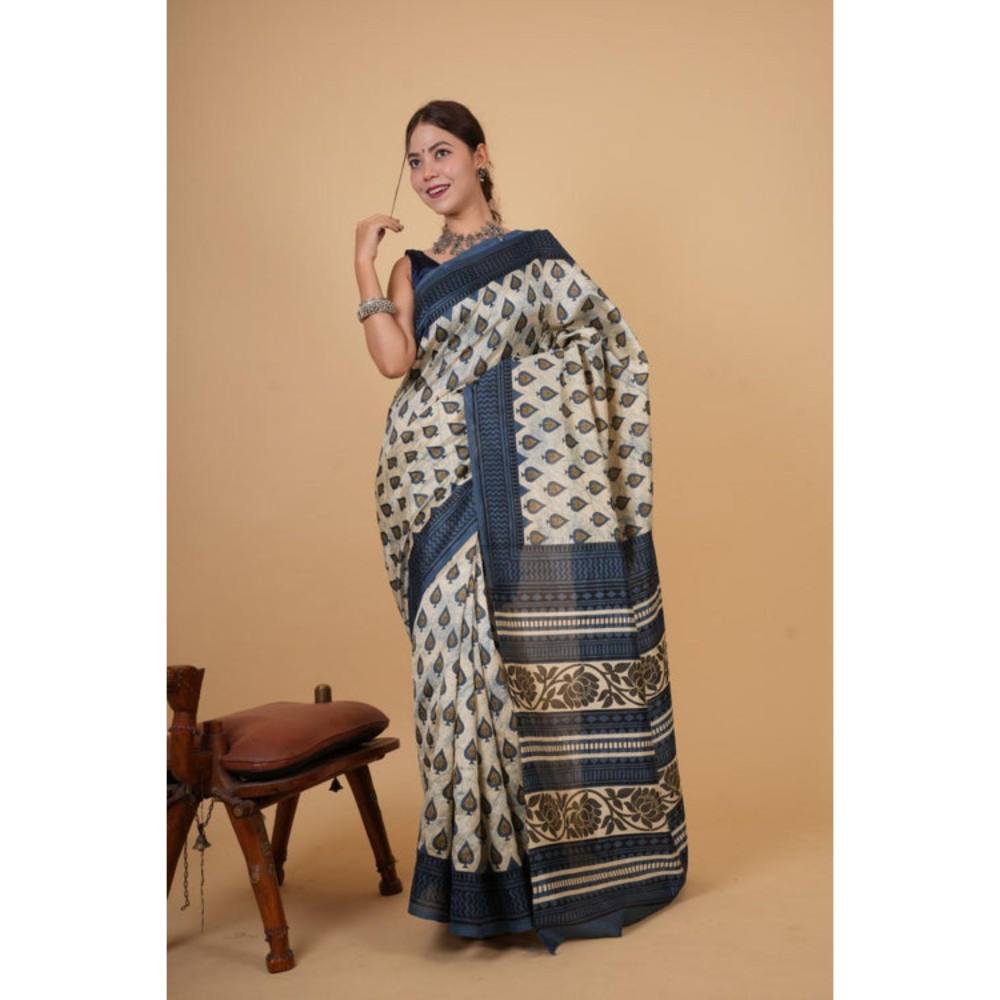 Isadora Life Womens Block Print Off White Pre-Draped Saree with Unstitched Blouse