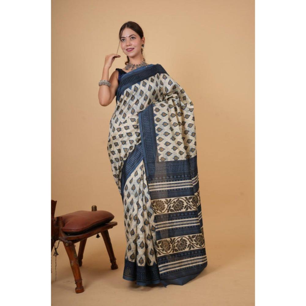 Isadora Life Womens Block Print Off White Pre-Draped Saree with Unstitched Blouse