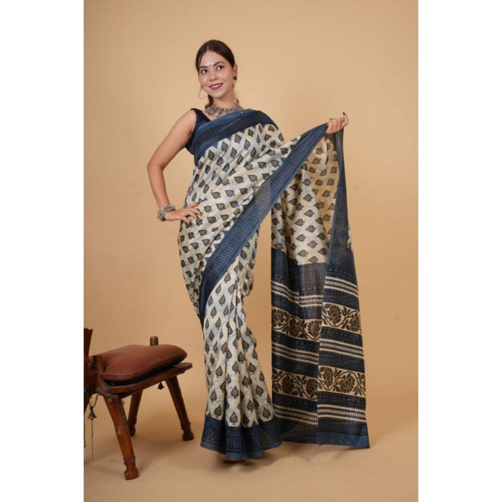 Isadora Life Womens Block Print Off White Pre-Draped Saree with Unstitched Blouse