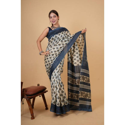 Isadora Life Womens Block Print Off White Pre-Draped Saree with Unstitched Blouse