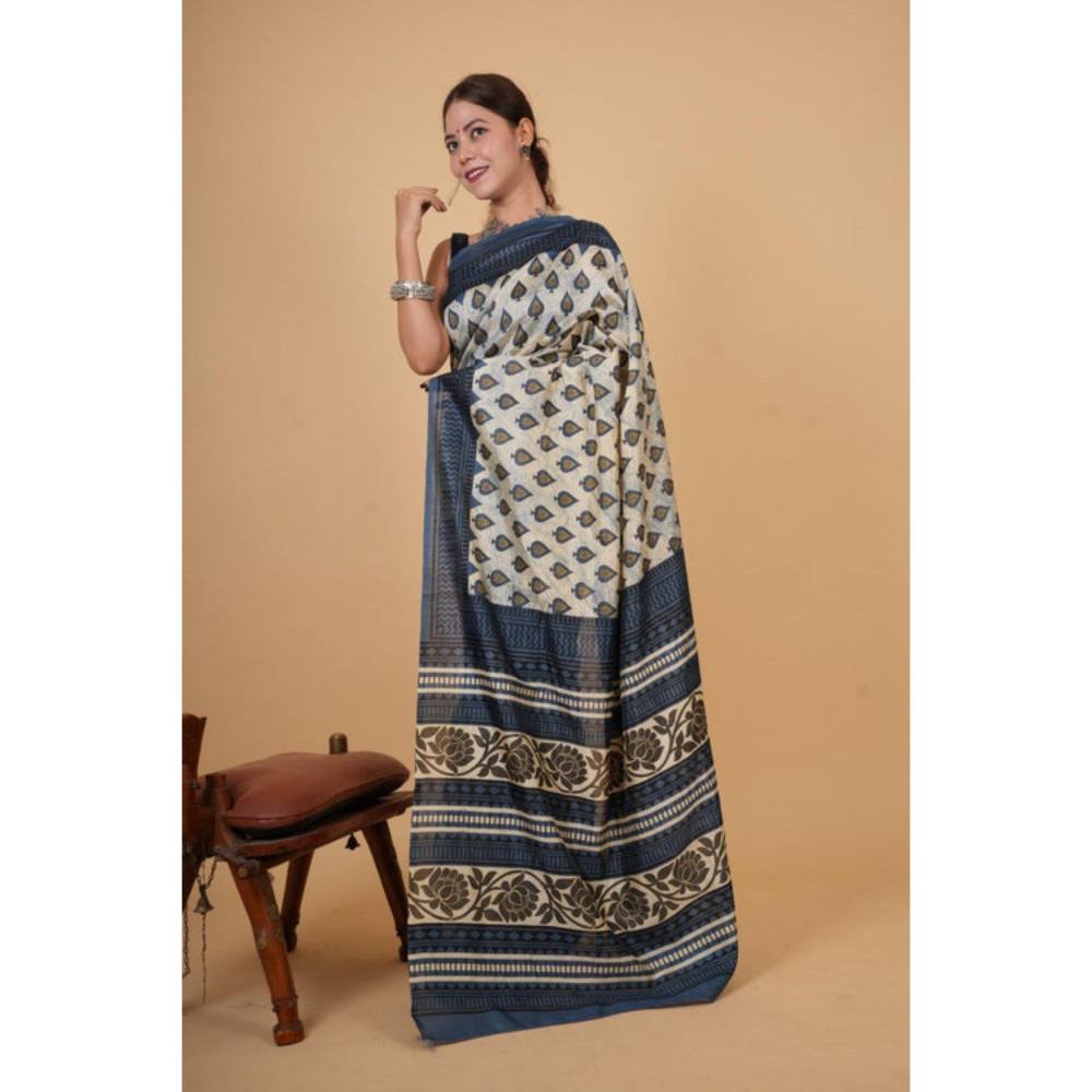 Isadora Life Womens Block Print Off White Pre-Draped Saree with Unstitched Blouse