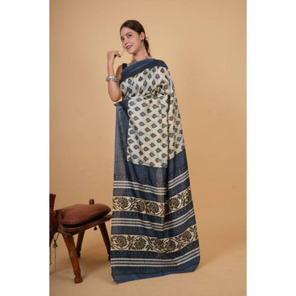 Isadora Life Womens Block Print Off White Pre-Draped Saree with Unstitched Blouse