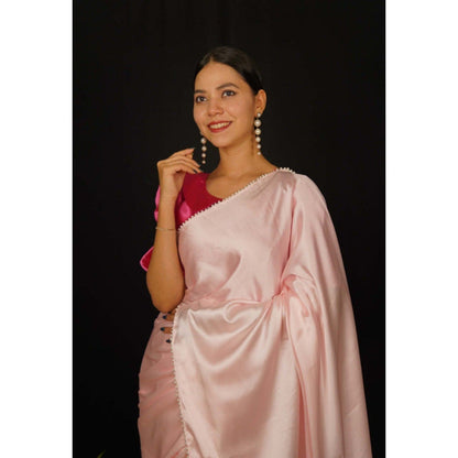 Isadora Life Womens Solid Beads Pink Pre-Draped Saree with Unstitched Blouse