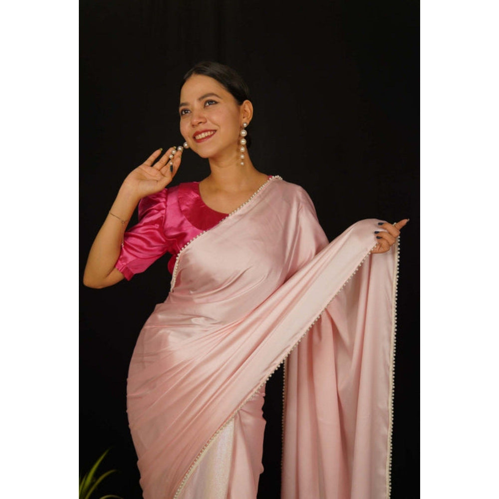 Isadora Life Womens Solid Beads Pink Pre-Draped Saree with Unstitched Blouse