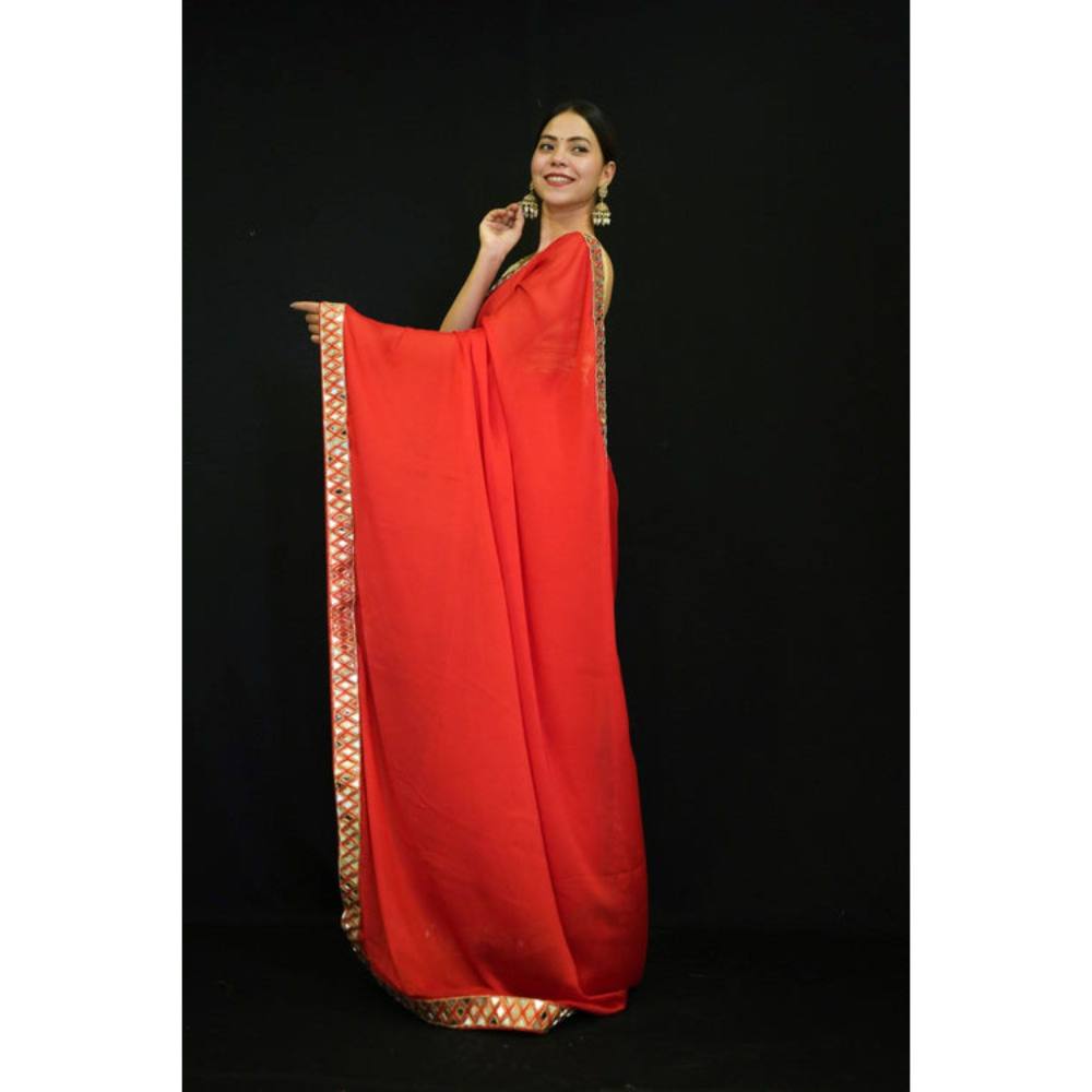 Isadora Life Womens Solid Mirror Work Red Pre-Draped Saree with Unstitched Blouse