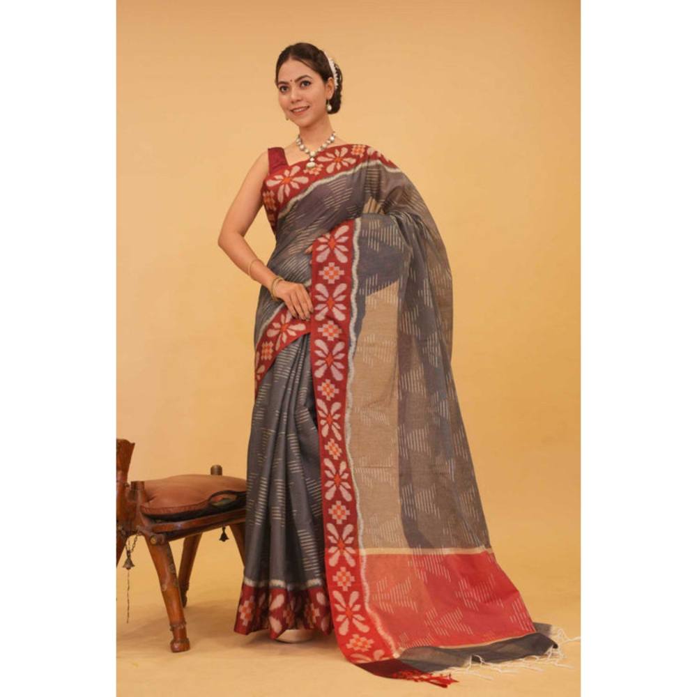 Isadora Life Womens Woven Tassels Grey Pre-Draped Saree with Unstitched Blouse