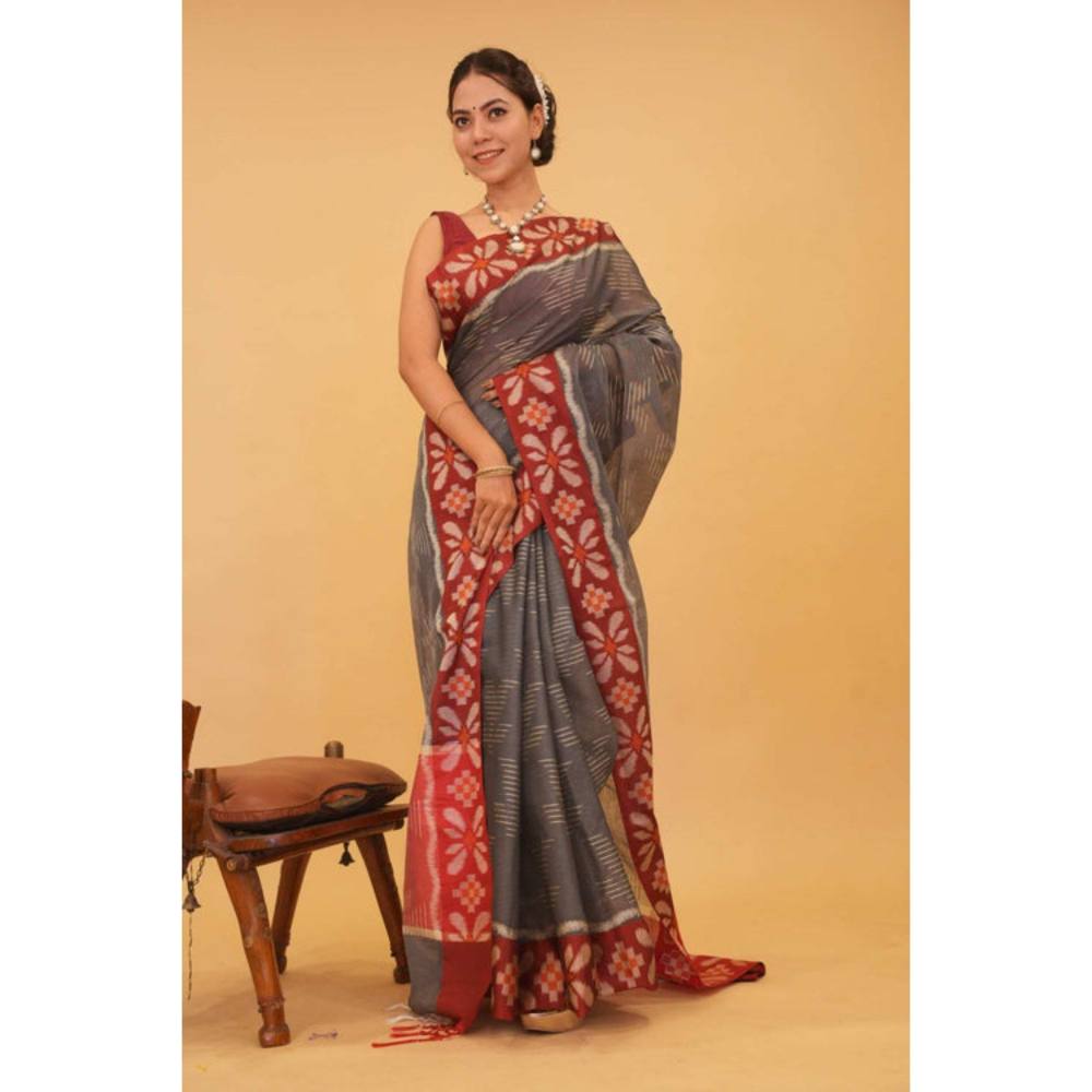 Isadora Life Womens Woven Tassels Grey Pre-Draped Saree with Unstitched Blouse