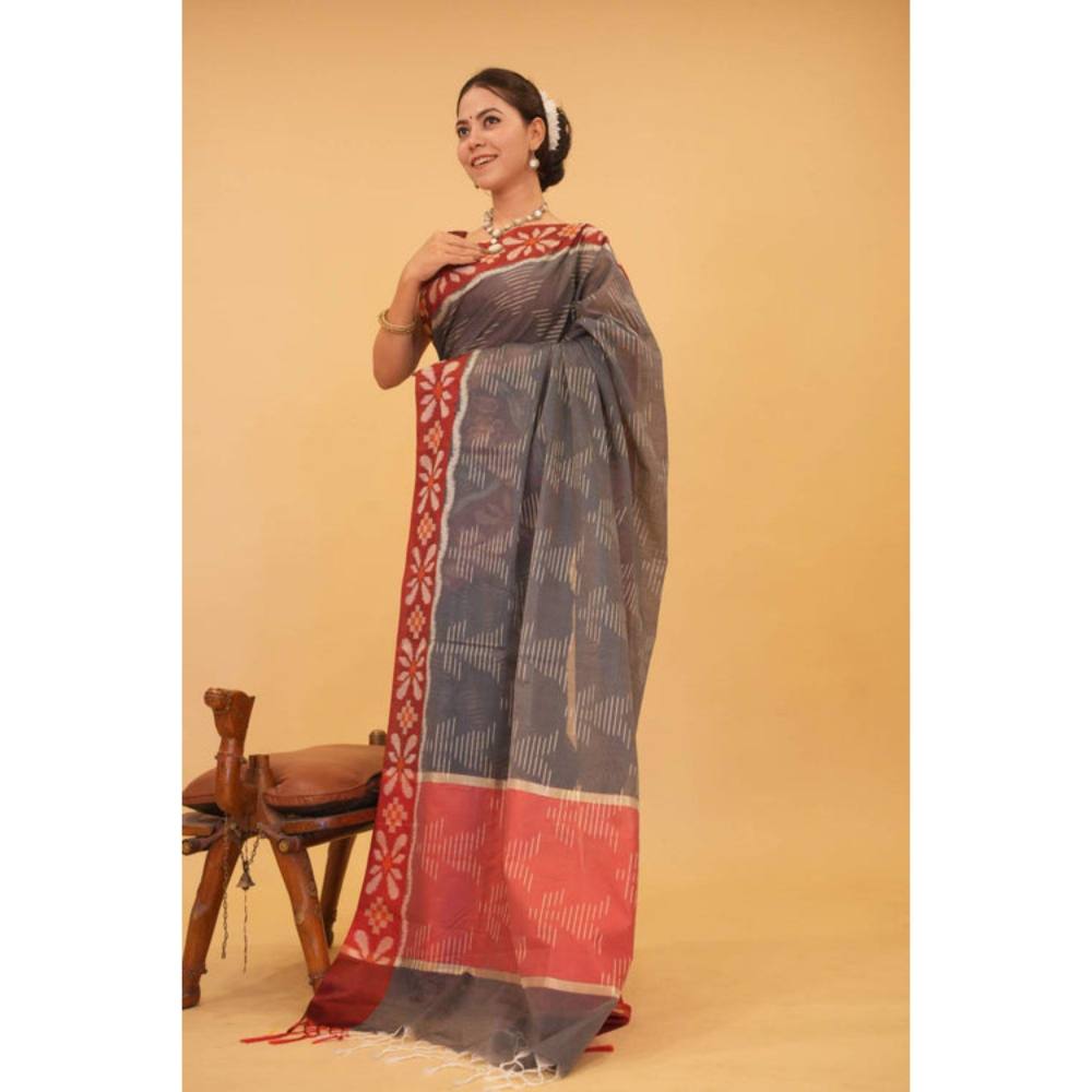 Isadora Life Womens Woven Tassels Grey Pre-Draped Saree with Unstitched Blouse