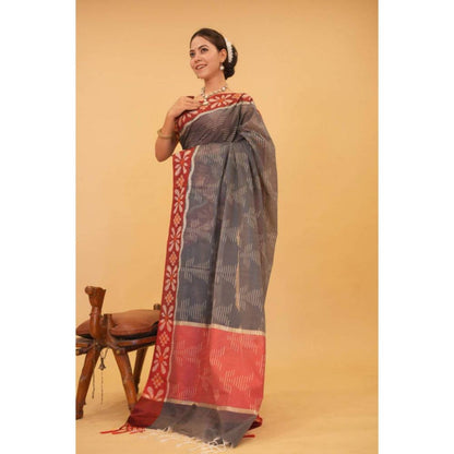 Isadora Life Womens Woven Tassels Grey Pre-Draped Saree with Unstitched Blouse