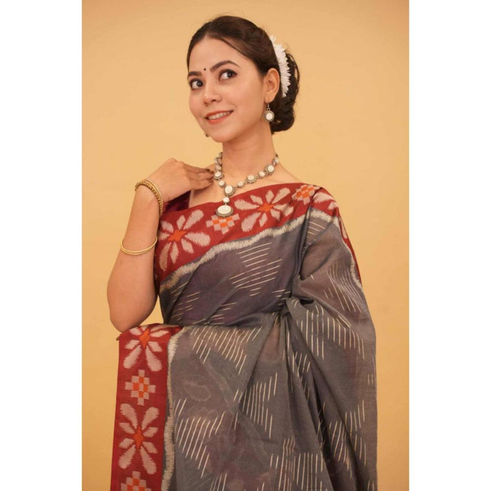 Isadora Life Womens Woven Tassels Grey Pre-Draped Saree with Unstitched Blouse