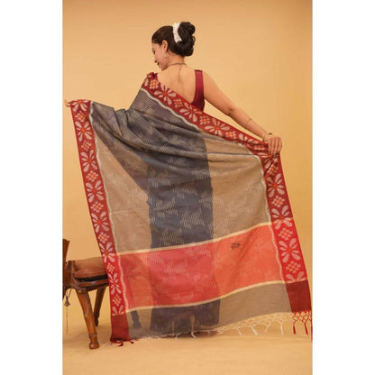 Isadora Life Womens Woven Tassels Grey Pre-Draped Saree with Unstitched Blouse