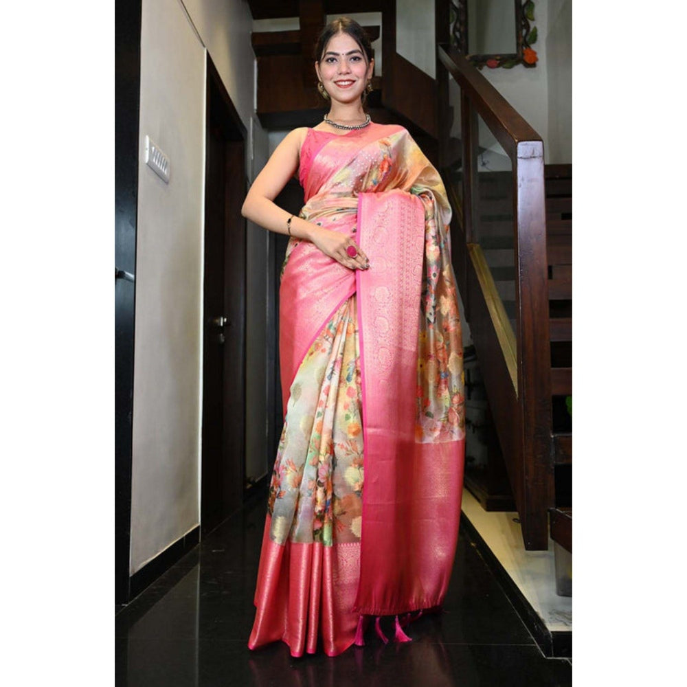 Isadora Life Womens Floral Tassels Multi-Color Pre-Draped Saree with Unstitched Blouse