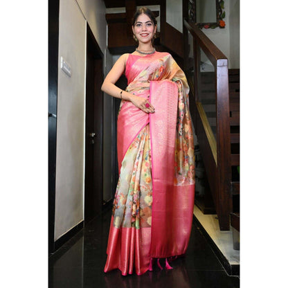 Isadora Life Womens Floral Tassels Multi-Color Pre-Draped Saree with Unstitched Blouse