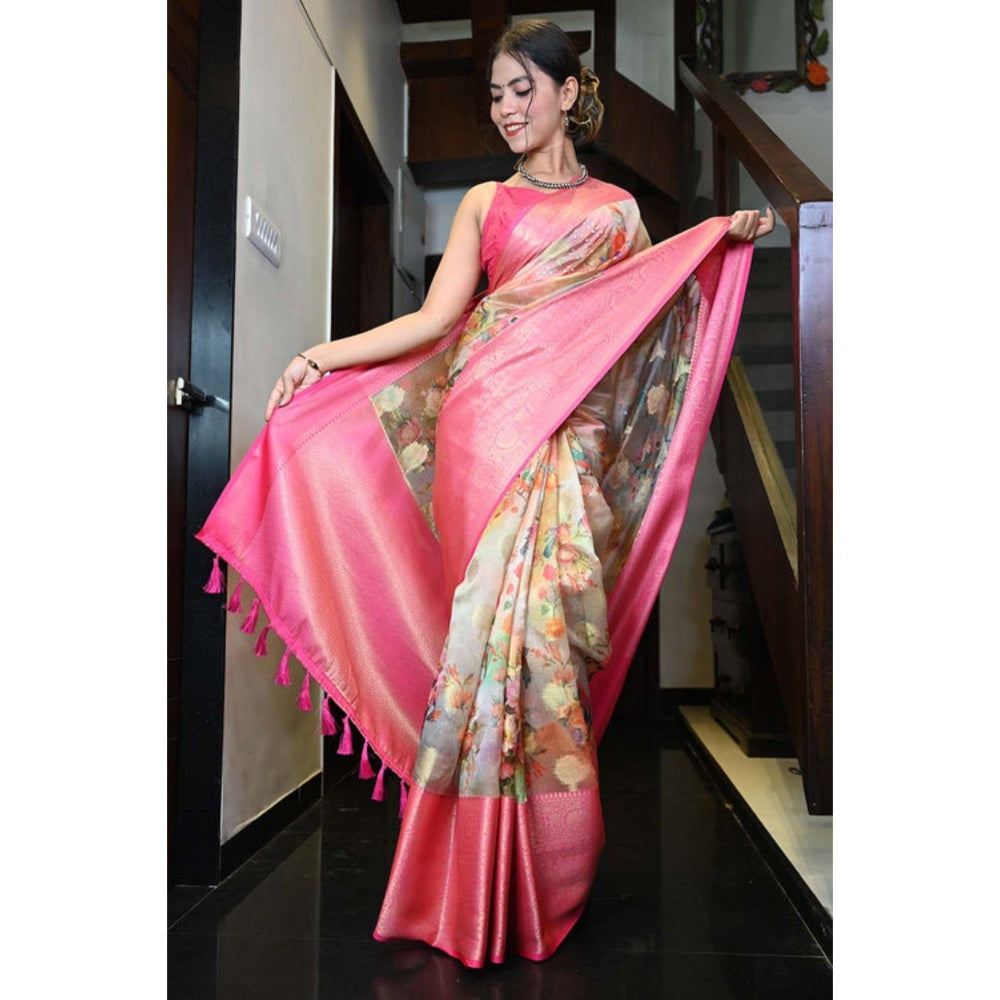 Isadora Life Womens Floral Tassels Multi-Color Pre-Draped Saree with Unstitched Blouse