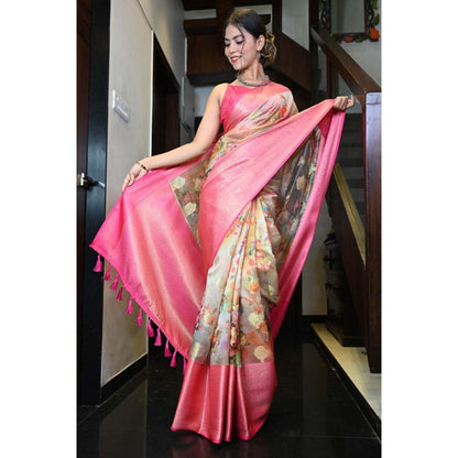 Isadora Life Womens Floral Tassels Multi-Color Pre-Draped Saree with Unstitched Blouse