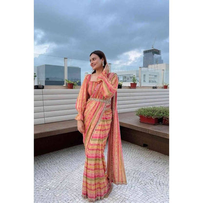 Isadora Life Womens Stripes Tassels Multi-Color Pre-Draped Saree with Unstitched Blouse