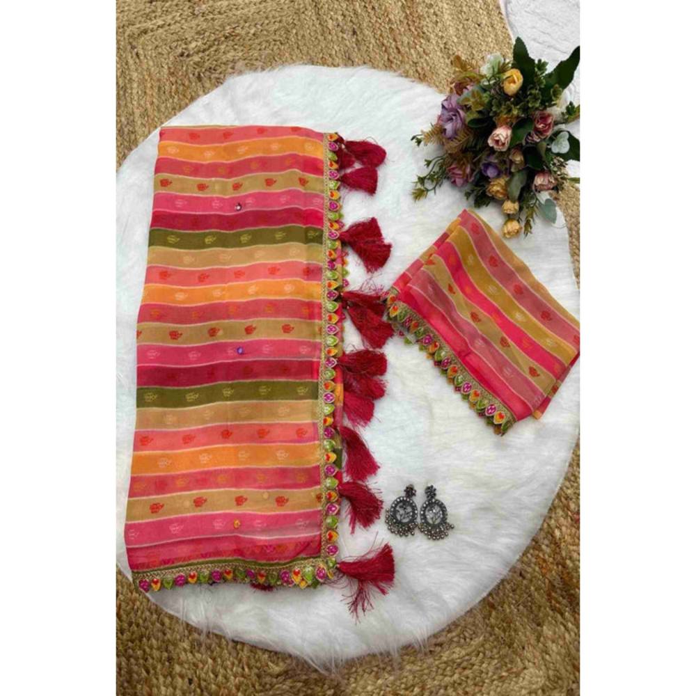Isadora Life Womens Stripes Tassels Multi-Color Pre-Draped Saree with Unstitched Blouse