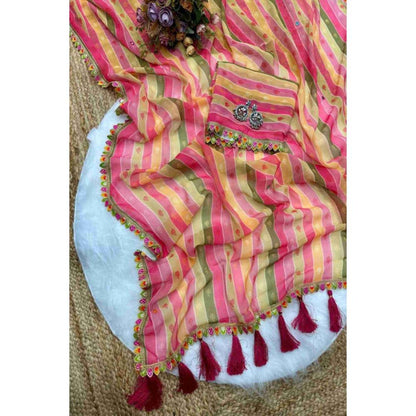 Isadora Life Womens Stripes Tassels Multi-Color Pre-Draped Saree with Unstitched Blouse