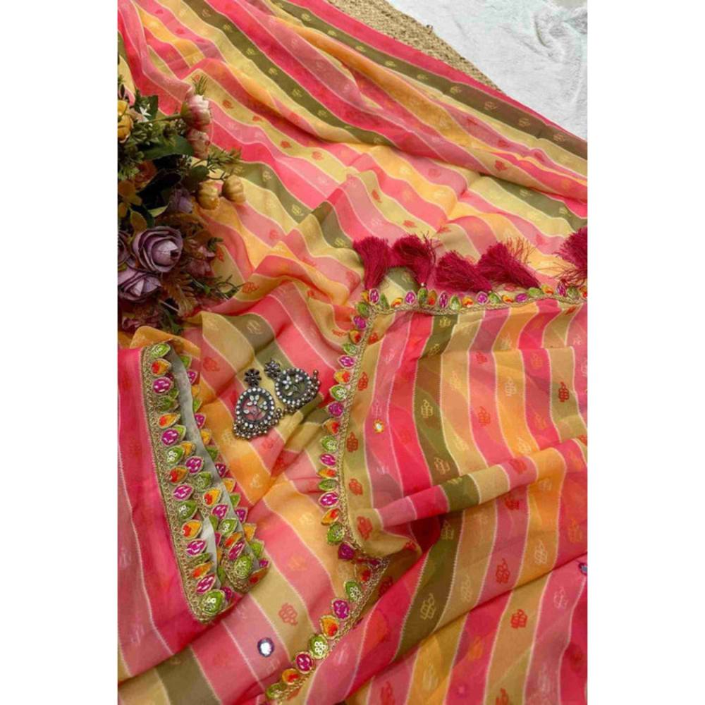 Isadora Life Womens Stripes Tassels Multi-Color Pre-Draped Saree with Unstitched Blouse