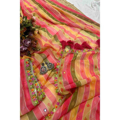 Isadora Life Womens Stripes Tassels Multi-Color Pre-Draped Saree with Unstitched Blouse