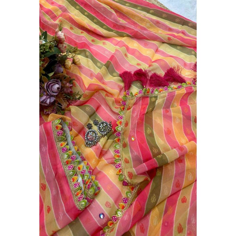 Isadora Life Womens Stripes Tassels Multi-Color Pre-Draped Saree with Unstitched Blouse