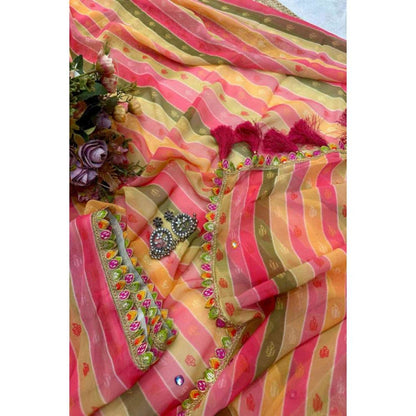 Isadora Life Womens Stripes Tassels Multi-Color Pre-Draped Saree with Unstitched Blouse