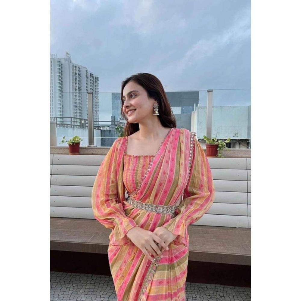Isadora Life Womens Stripes Tassels Multi-Color Pre-Draped Saree with Unstitched Blouse