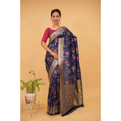Isadora Life Womens Floral Zari Blue Pre-Draped Saree with Unstitched Blouse