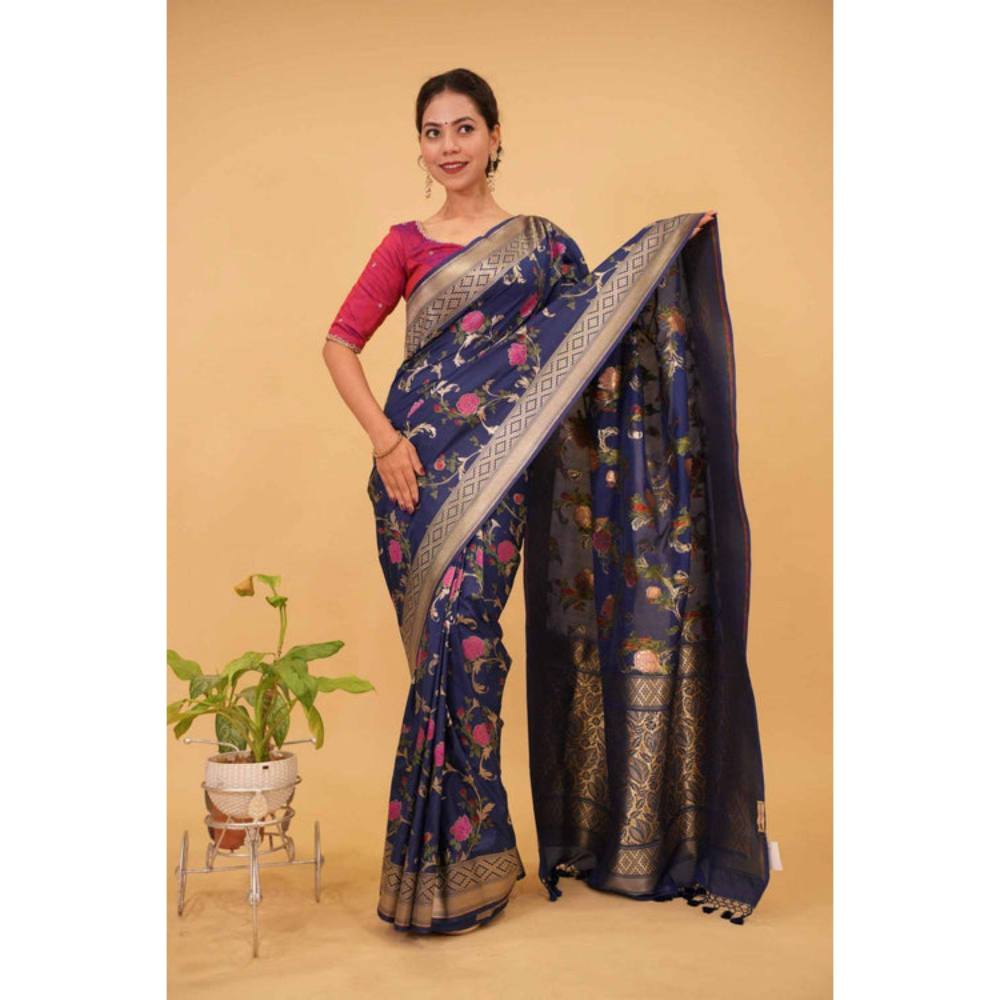 Isadora Life Womens Floral Zari Blue Pre-Draped Saree with Unstitched Blouse