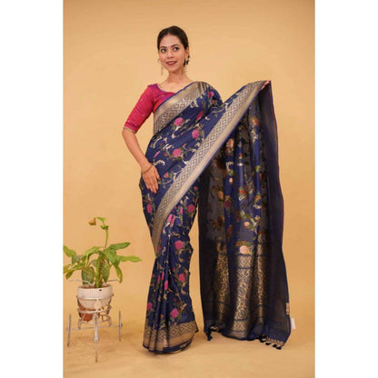 Isadora Life Womens Floral Zari Blue Pre-Draped Saree with Unstitched Blouse