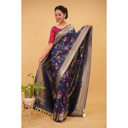 Isadora Life Womens Floral Zari Blue Pre-Draped Saree with Unstitched Blouse