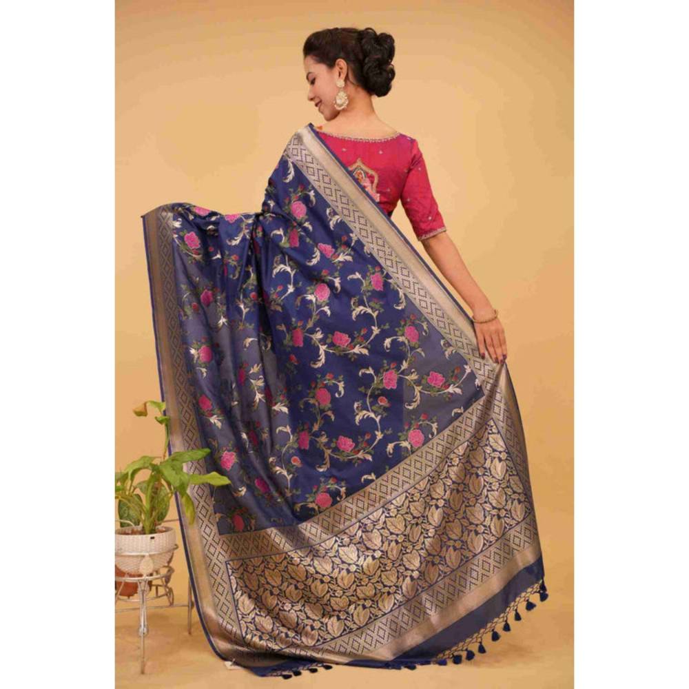 Isadora Life Womens Floral Zari Blue Pre-Draped Saree with Unstitched Blouse