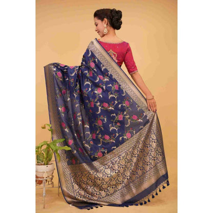 Isadora Life Womens Floral Zari Blue Pre-Draped Saree with Unstitched Blouse