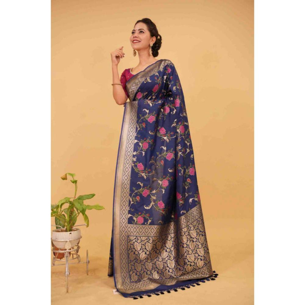 Isadora Life Womens Floral Zari Blue Pre-Draped Saree with Unstitched Blouse