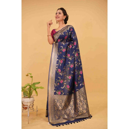 Isadora Life Womens Floral Zari Blue Pre-Draped Saree with Unstitched Blouse