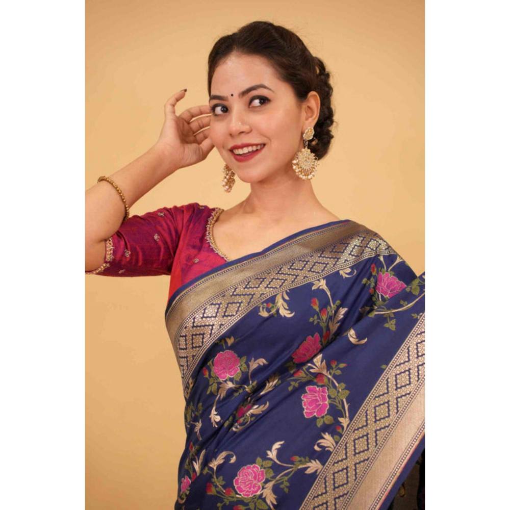 Isadora Life Womens Floral Zari Blue Pre-Draped Saree with Unstitched Blouse