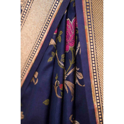 Isadora Life Womens Floral Zari Blue Pre-Draped Saree with Unstitched Blouse