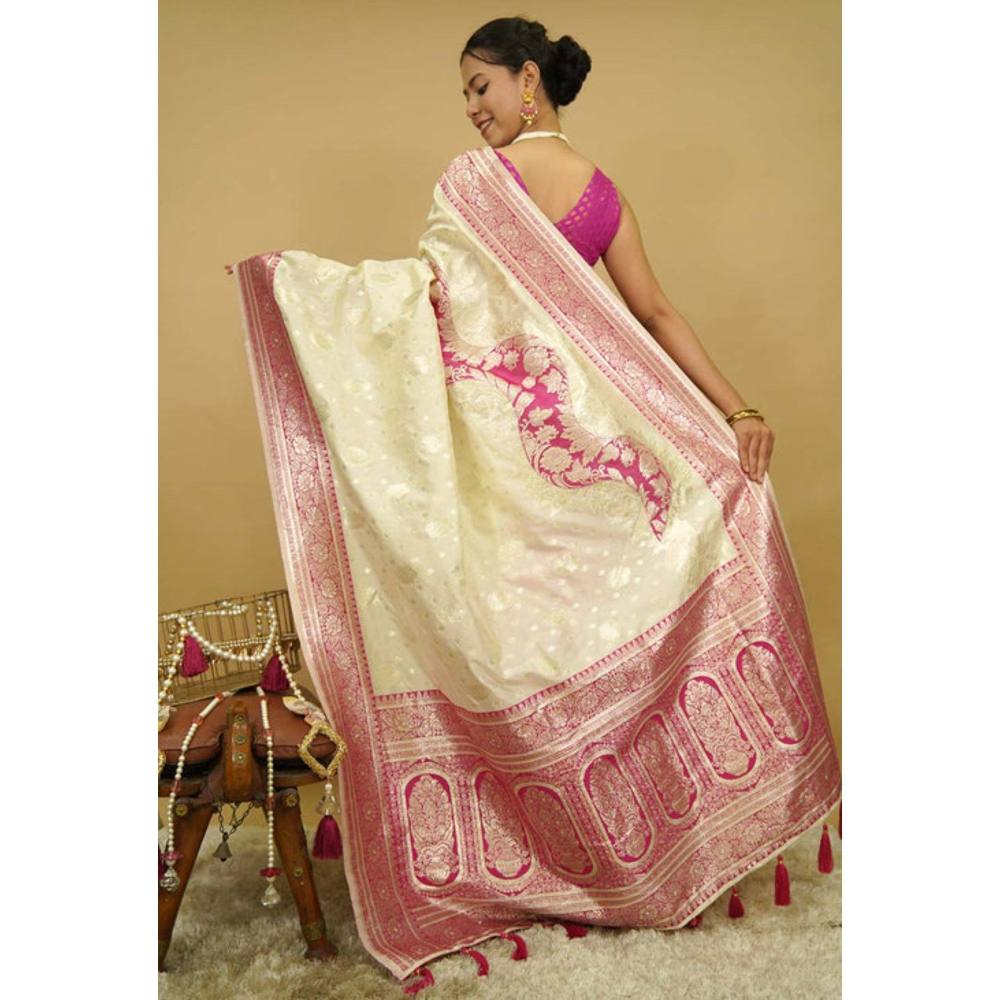 Isadora Life Womens Woven Zari Cream Pre-Draped Saree with Unstitched Blouse