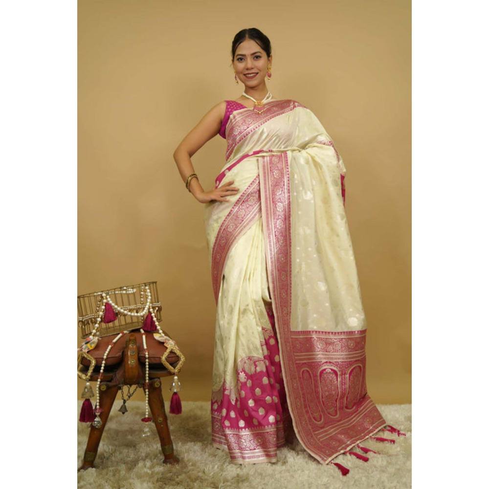 Isadora Life Womens Woven Zari Cream Pre-Draped Saree with Unstitched Blouse