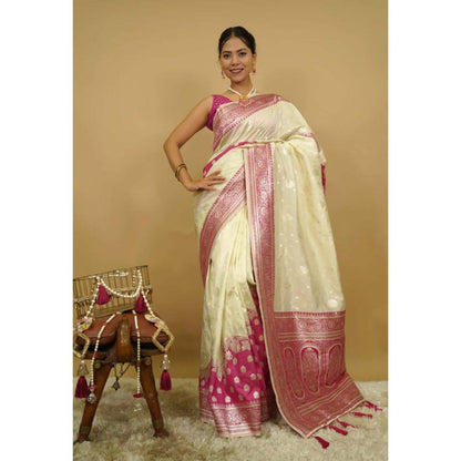 Isadora Life Womens Woven Zari Cream Pre-Draped Saree with Unstitched Blouse
