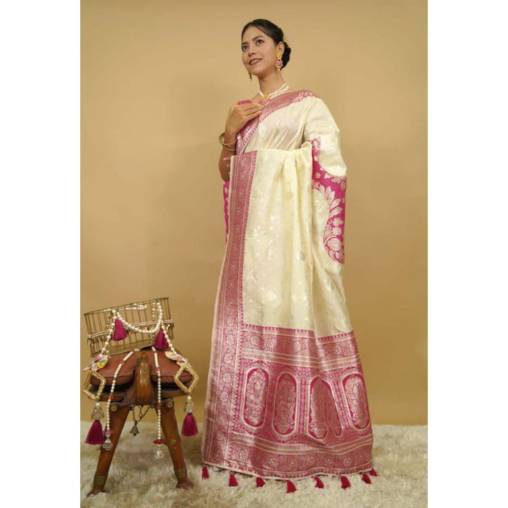 Isadora Life Womens Woven Zari Cream Pre-Draped Saree with Unstitched Blouse
