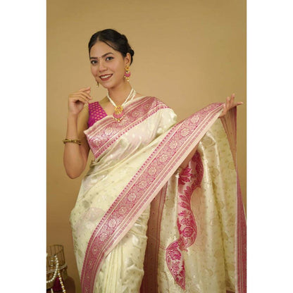 Isadora Life Womens Woven Zari Cream Pre-Draped Saree with Unstitched Blouse