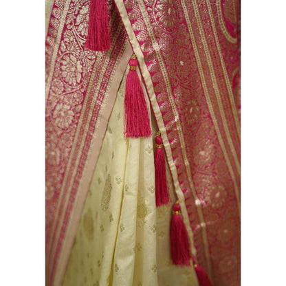 Isadora Life Womens Woven Zari Cream Pre-Draped Saree with Unstitched Blouse