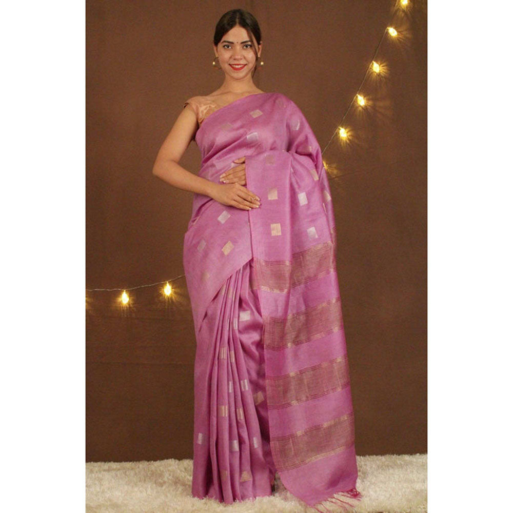 Isadora Life Womens Woven Zari Pink Pre-Draped Saree with Unstitched Blouse